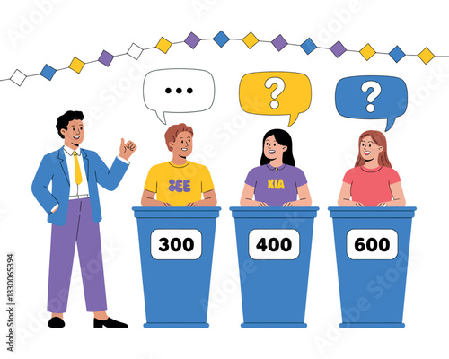 A quiz show host stands next to three contestants at podiums with score displays.