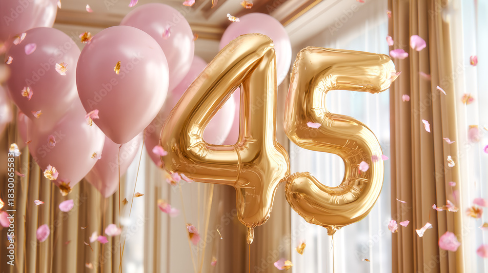 Obraz premium Elegant celebration for a 45th milestone with pink balloons and gold numeral balloons