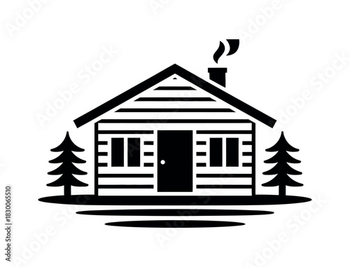 A simple illustration of a log cabin with smoke coming from the chimney.