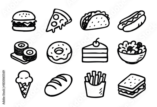 Hand-drawn doodle food and snack icons — burger, pizza, donut, and fries — stock vector.