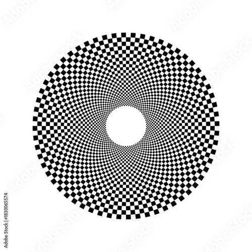 Black and white checkered spirals. Optical chess round background