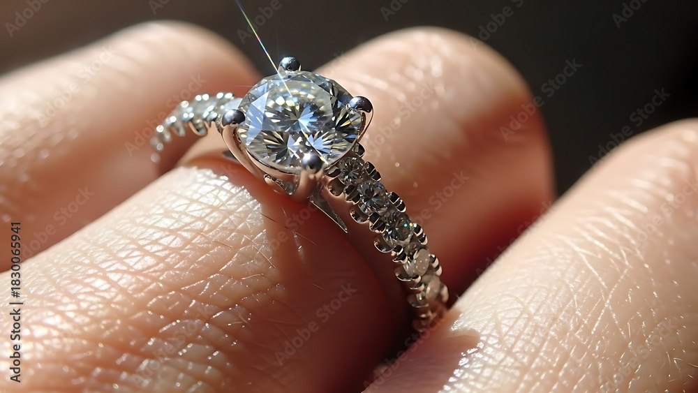 Obraz premium Sparkling diamond engagement ring on finger, brilliant light