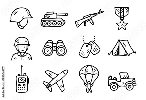 Hand-drawn doodle army and war icons — helmet, tank, rifle, and medal — stock vector.
