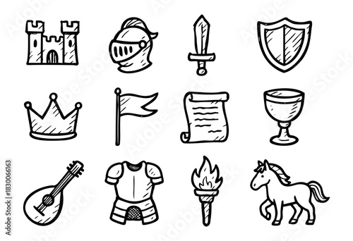 Hand-drawn doodle medieval and fantasy icons — castle, knight helmet, sword, and crown — stock vector.