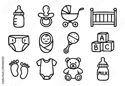 Hand-drawn doodle baby care icons — bottle, pacifier, diaper, and stroller — stock vector.