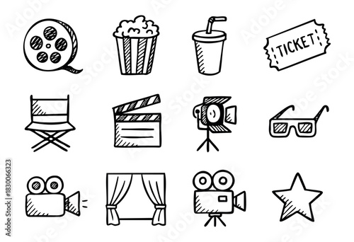 Hand-drawn doodle movie and film icons — camera, popcorn, ticket, and clapperboard — stock vector.