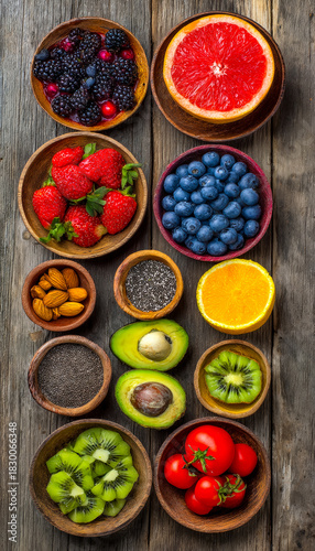 Wallpaper Mural Assorted fresh berries, fruits, and nuts arranged on a rustic wooden table Torontodigital.ca