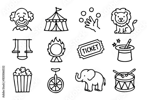 Hand-drawn doodle circus and entertainment icons — clown, tent, unicycle, and elephant — stock vector.