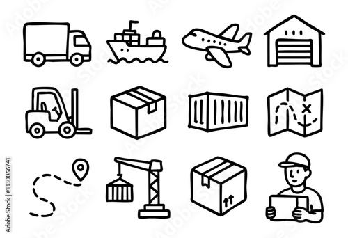 Hand-drawn doodle logistics and delivery icons — truck, ship, airplane, warehouse, box, and crane — stock vector.