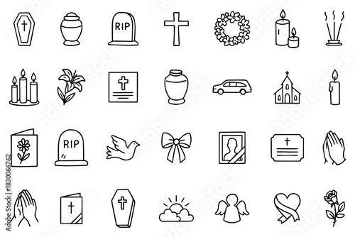 Funeral agency line icon set. Hearse, coffin, dove, gravestone, wreath, suit, bible, priest flat vector symbol.