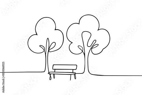 A bench in a park near trees continuous one line drawing.