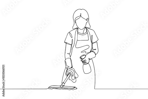 Continuous line drawing or one line drawing of a cleaning woman. Vector illustration.