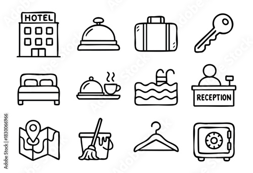 Hand-drawn doodle hotel and hospitality icons — building, reception, key, bed, and luggage — stock vector.