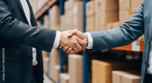 Two Businessmen Shake Hands in Warehouse Among Shelves of Packages