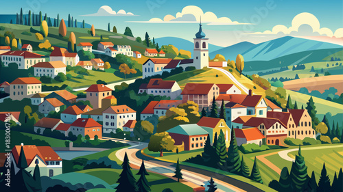 Very beautiful elevated panoramic look over the historic town nestled in forested hills, showcasing winding streets, classic architecture, and surrounding natural terrain in peaceful daylight.