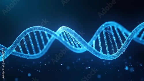 Glowing DNA helix structure with blue on dark.