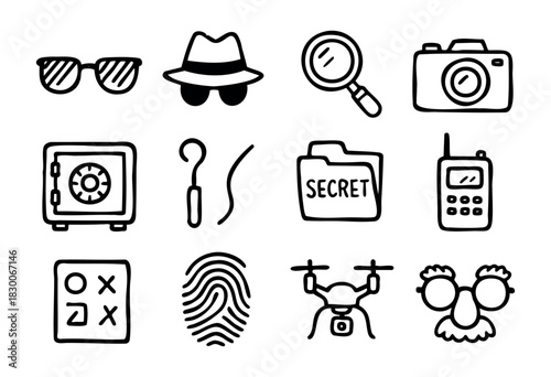 Hand-drawn doodle spy and detective icons — hat, glasses, magnifier, and secret file — stock vector.