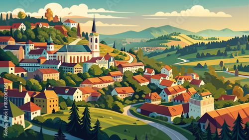 Very beautiful elevated panoramic look over the historic town nestled in forested hills, showcasing winding streets, classic architecture, and surrounding natural terrain in peaceful daylight.