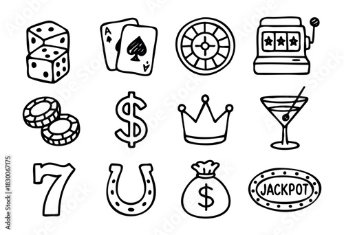 Hand-drawn doodle casino and gambling icons — dice, cards, slot machine, and chips — stock vector.