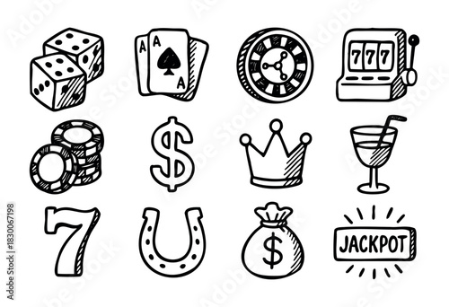 Hand-drawn doodle casino and gambling icons — dice, cards, slot machine, and chips — stock vector.