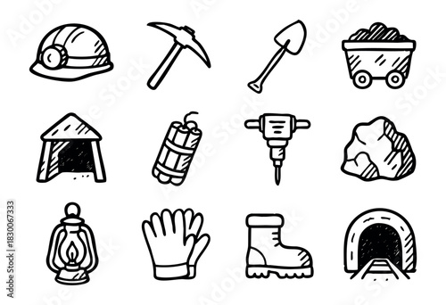 Hand-drawn doodle mining and excavation icons — helmet, pickaxe, shovel, and tunnel — stock vector.