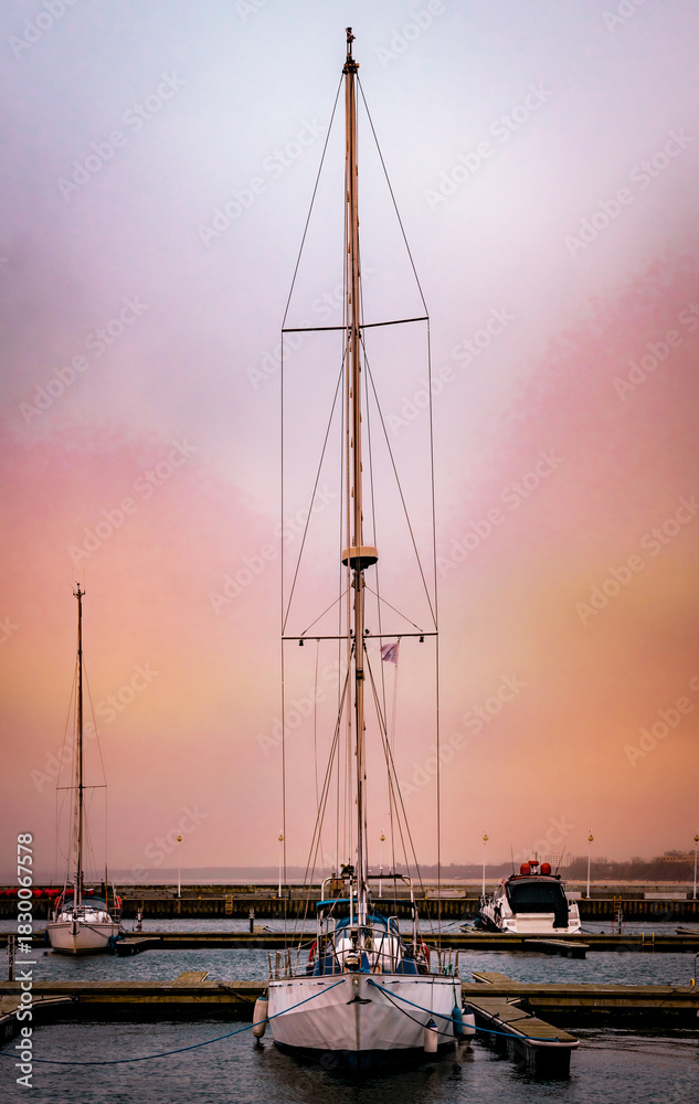 Fototapeta premium Beautiful sunset sky and yachts in Sopot Marina, Baltic Sea coast