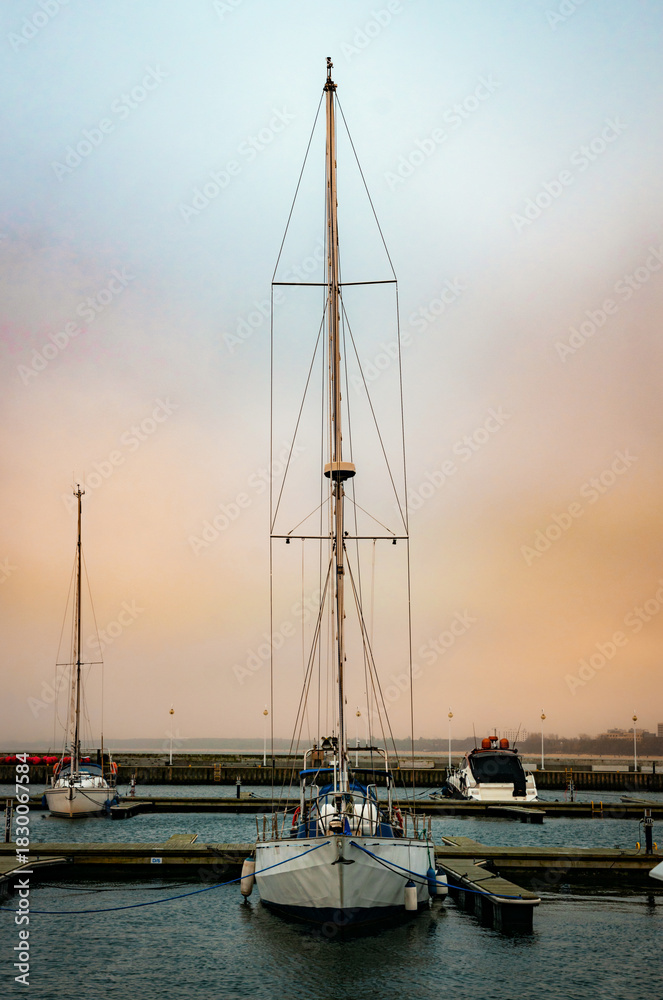 Fototapeta premium Beautiful sunset sky and yachts in Sopot Marina, Baltic Sea coast