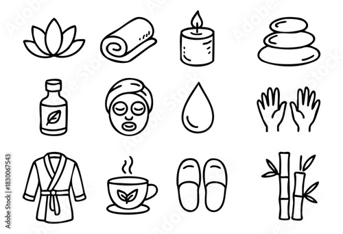 Hand-drawn doodle spa and relaxation icons — candle, towel, mask, and lotus — stock vector.