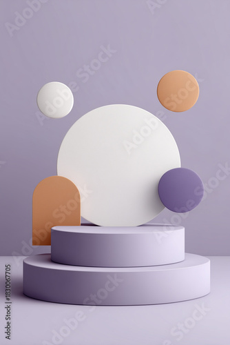 Modern 3D product display scene featuring stacked purple circular platforms with floating circles and rounded arches in white, orange-tan, and purple.