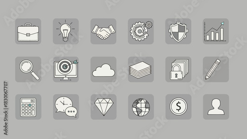 Collection of business and finance icons representing various concepts.