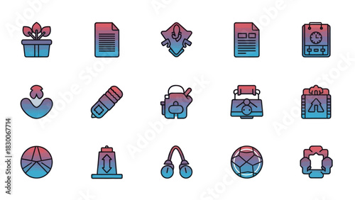 Collection of colorful icons representing various objects and concepts.