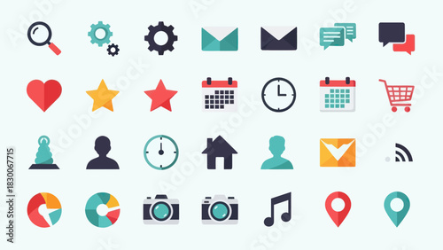 Collection of colorful flat design icons for web and mobile applications.