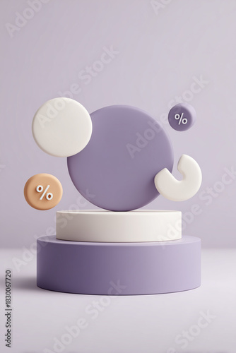 Minimalist 3D pedestal display featuring a large purple cylinder base topped with a white plate, accented by floating geometric shapes, including a large purple circle and small circles with percentag