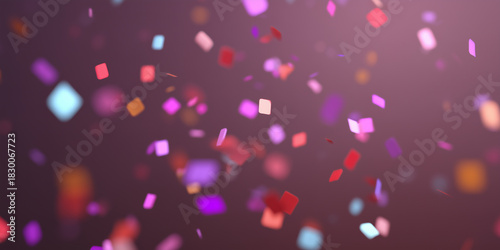 Soft-focus, dreamy background of floating, square confetti shapes in various shades of red, purple, pink, and light blue against a muted mauve backdrop.