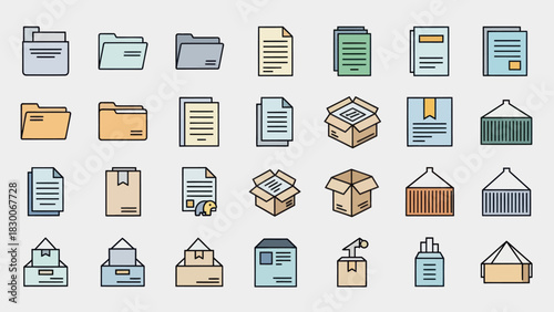 Collection of Document and Packaging Icons in Flat Design.
