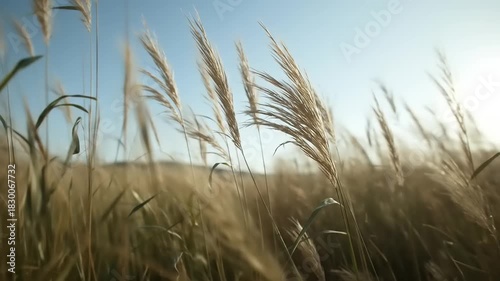Grass blowing in wind with sunny day.