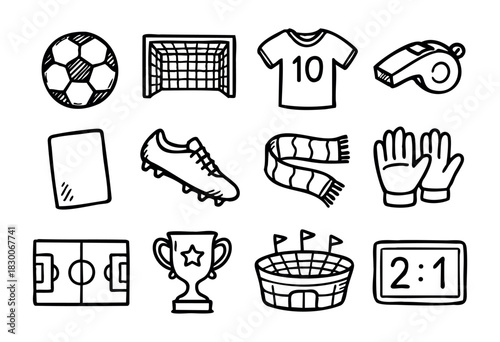 Hand-drawn doodle football and soccer icons — ball, goal, whistle, and trophy — stock vector.