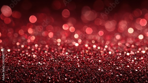 Close-up sparkling red glitter surface with warm ambient glow, shallow depth of field creating a festive atmosphere for holiday celebrations and joyful moments