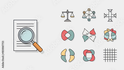 Collection of legal and business icons with document and magnifying glass.