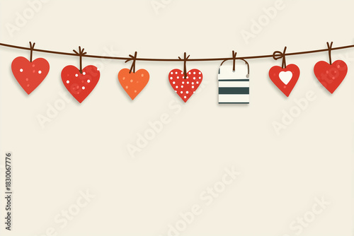 Simple, festive illustration featuring a garland of stylized, patterned red and orange hearts, along with a striped gift tag, all clipped to a horizontal twine line.