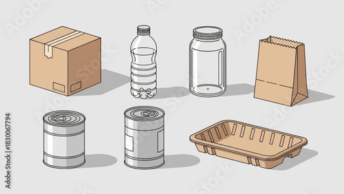 Collection of Recyclable Materials - Cardboard, Plastic, Glass, Paper, and Metal.
