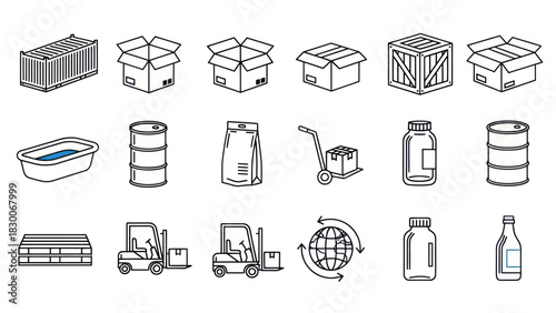 Isometric Logistics Icons - Boxes, Containers, and Transportation Equipment.