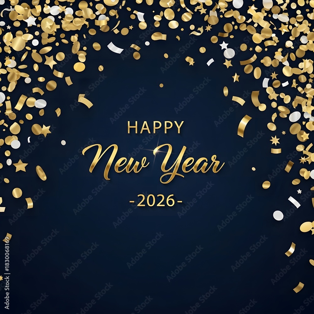 Naklejka premium Happy new year 2026 gold confetti celebration dark blue background