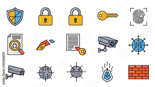 Security and Protection Icons - Shield, Lock, Key, Camera, and More.