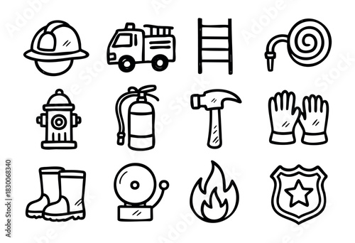 Hand-drawn doodle firefighter and rescue icons — helmet, truck, hydrant, and hose — stock vector.