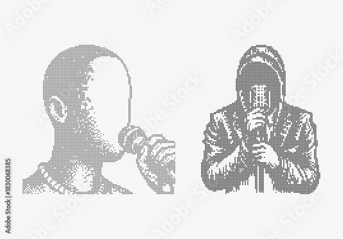 Dot Matrix Stipple Art of Faceless MC and Hooded Figure – Monochrome Halftone Design