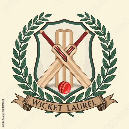 Cricket crest with crossed bats, stumps and red ball in shield, laurel wreath and ribbon banner; vintage Wicket Laurel emblem vector for club, league branding
