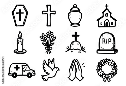 Hand-drawn doodle funeral and memorial icons — coffin, cross, candle, and dove — stock vector.