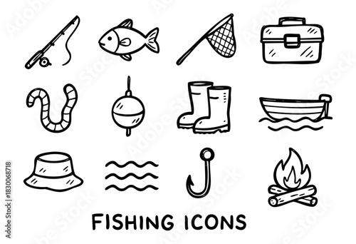 Hand-drawn doodle fishing and outdoor icons — fish, rod, hook, and boat — stock vector.