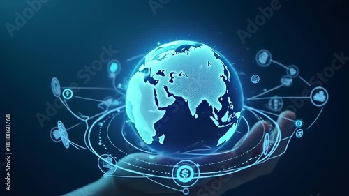 Hand Holding Globe with Digital Connections.